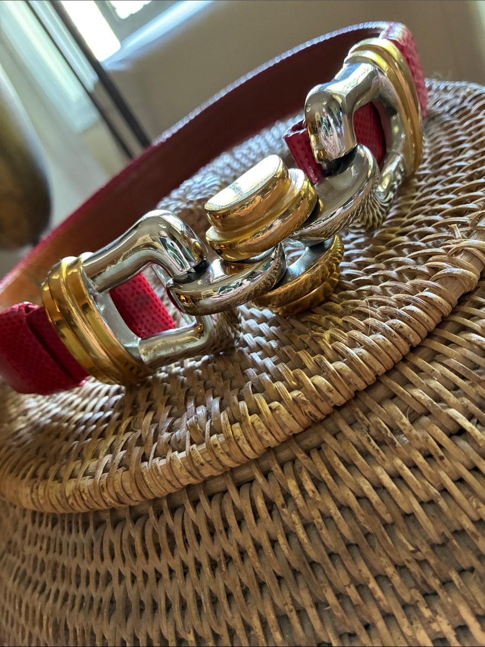 Vintage 80’s Alexis Kirk Red Snakeskin Leather Gold Silver Buckle Leather Belt